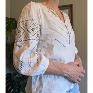 Madewell Peasant Top‎ 100% Cotton Cream Embroidered Puff Sleeve Notch Neck Boho